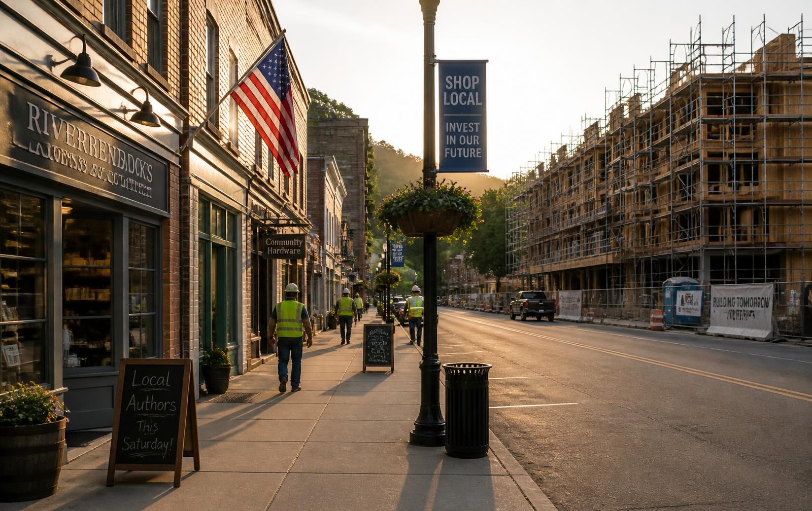 Main street under construction and revitalization at golden hour