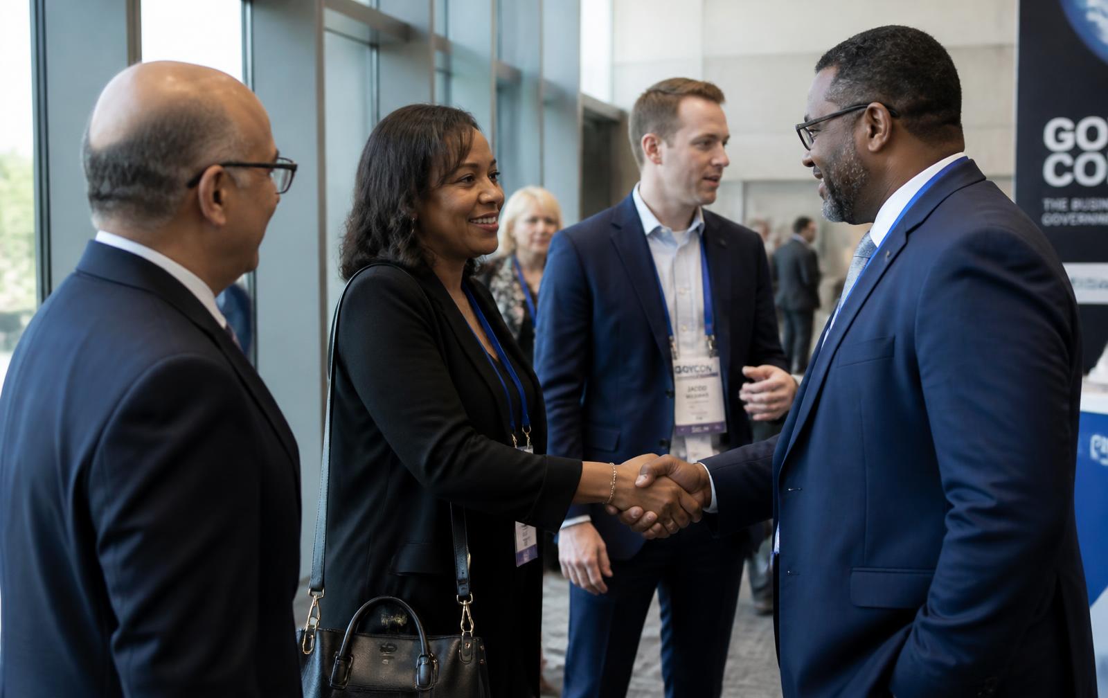 Business executives meeting and shaking hands at a federal contracting conference