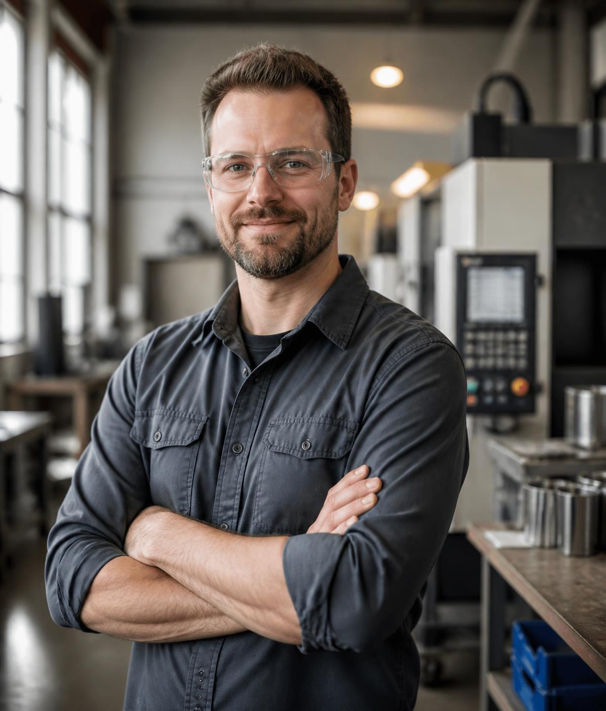 Business owner standing in a modern manufacturing facility