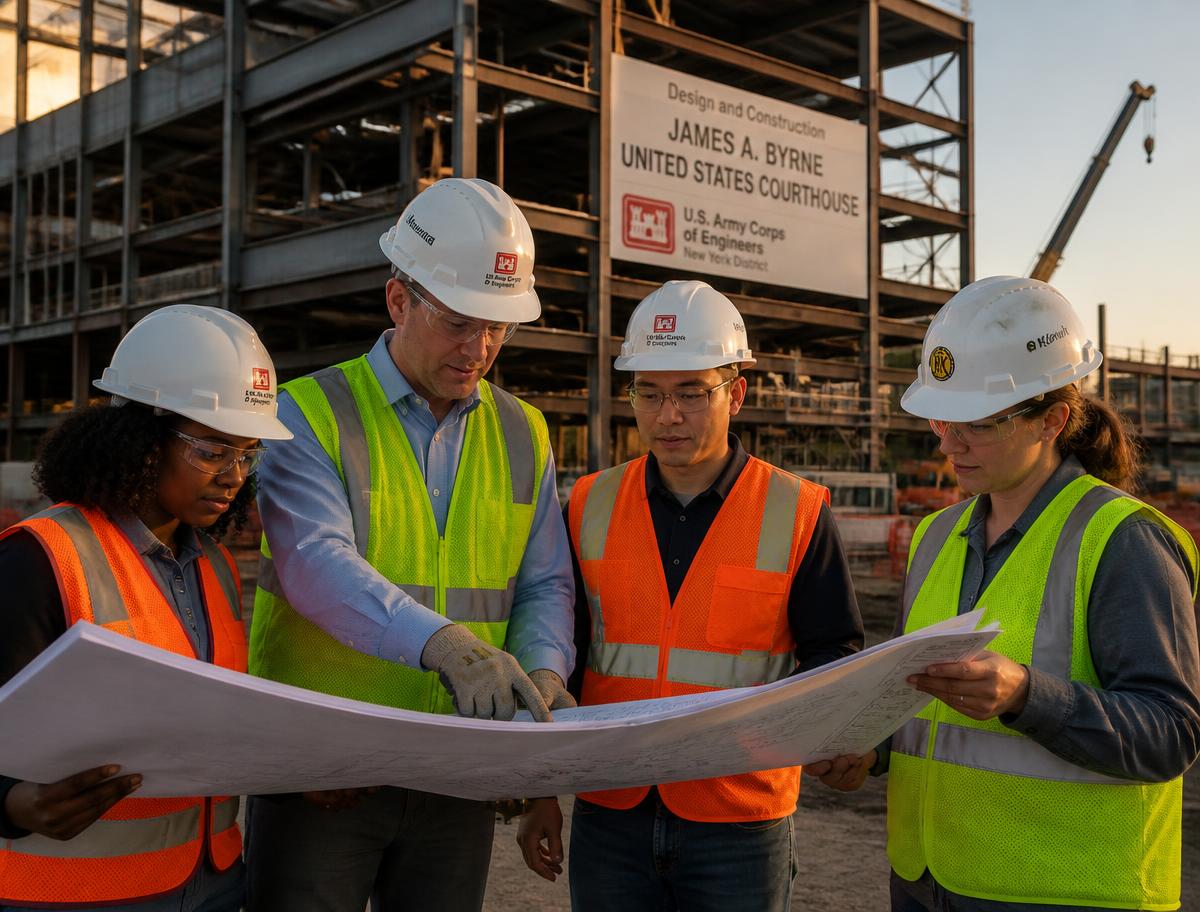 Construction team in hard hats and safety vests reviewing plans at a federal building site