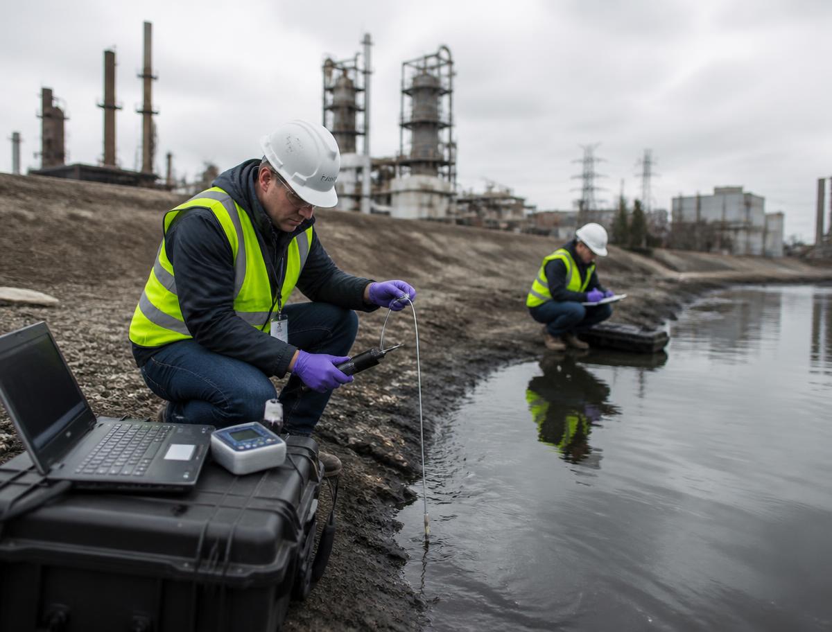 Environmental engineers collecting water samples at an industrial remediation site