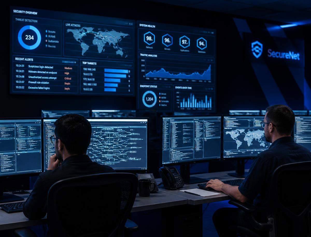 Two technicians monitoring cybersecurity dashboards in a security operations center