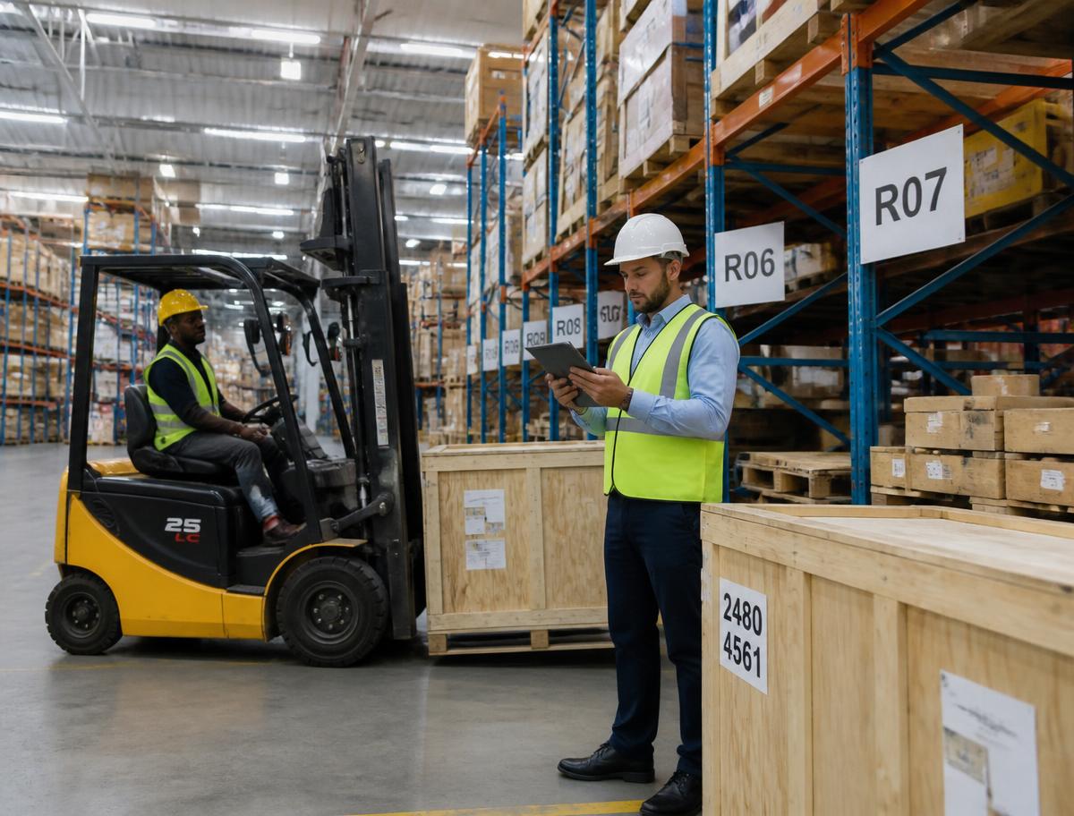 Warehouse supervisor with a tablet beside a forklift operator among tall pallet racks