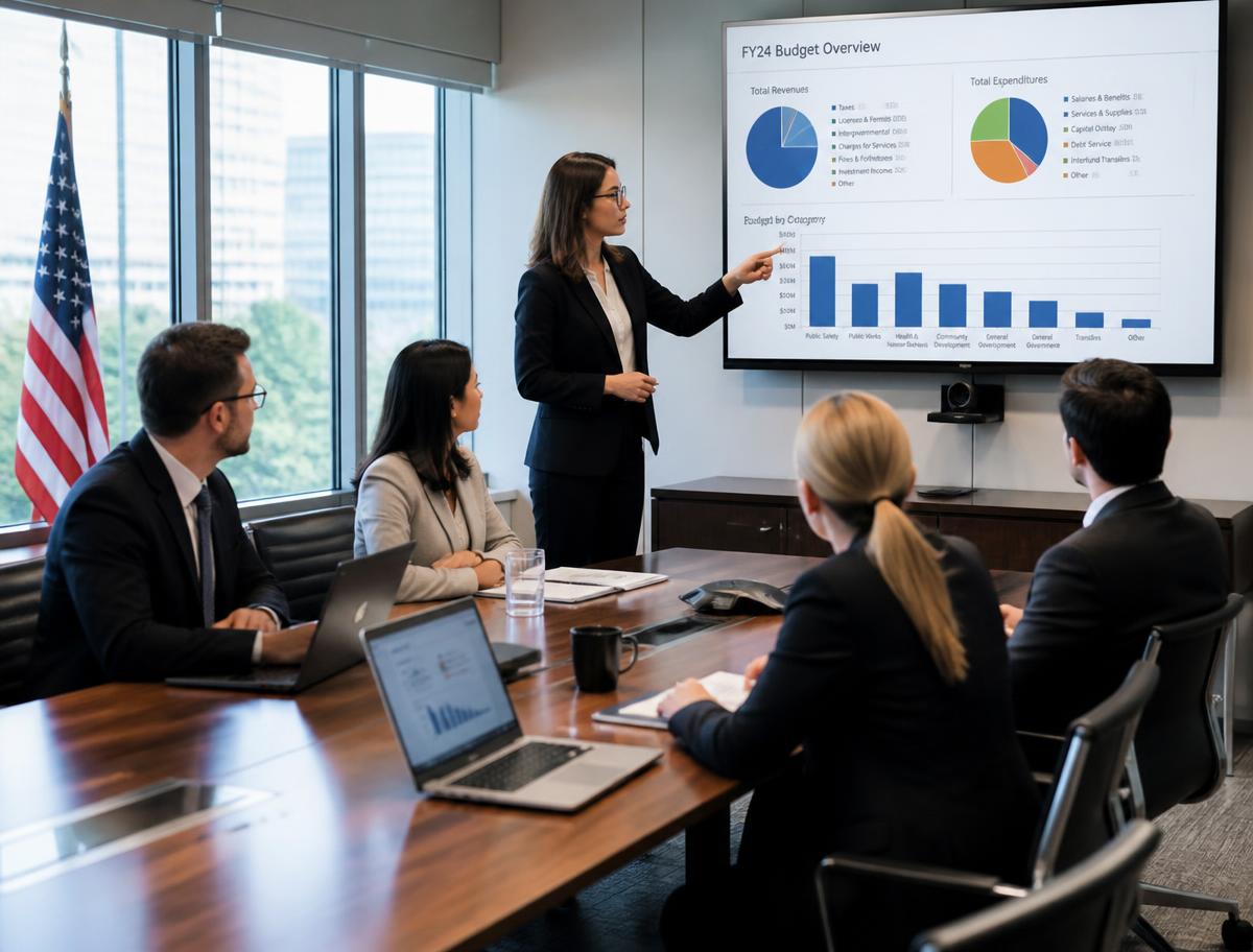 Consultants presenting budget analysis charts to a client team in a government office
