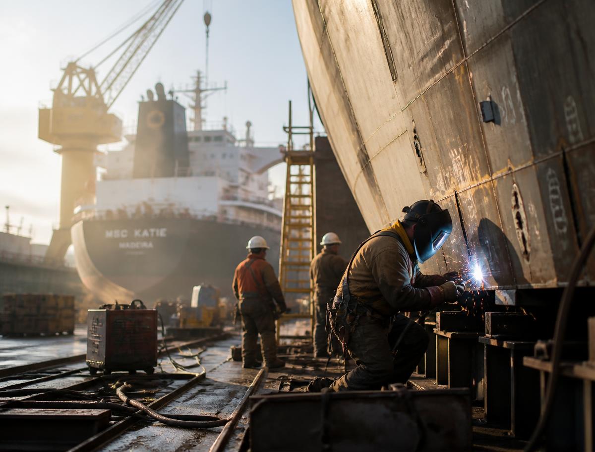 Shipyard welder working on a steel hull section in a drydock with a vessel behind